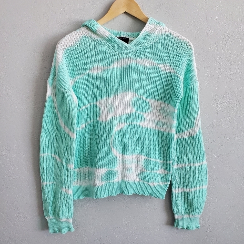 Its Our Time Youth Teal/Green Tie Dye Hooded Long Sleeve Knit Sweater Sz XL (16)